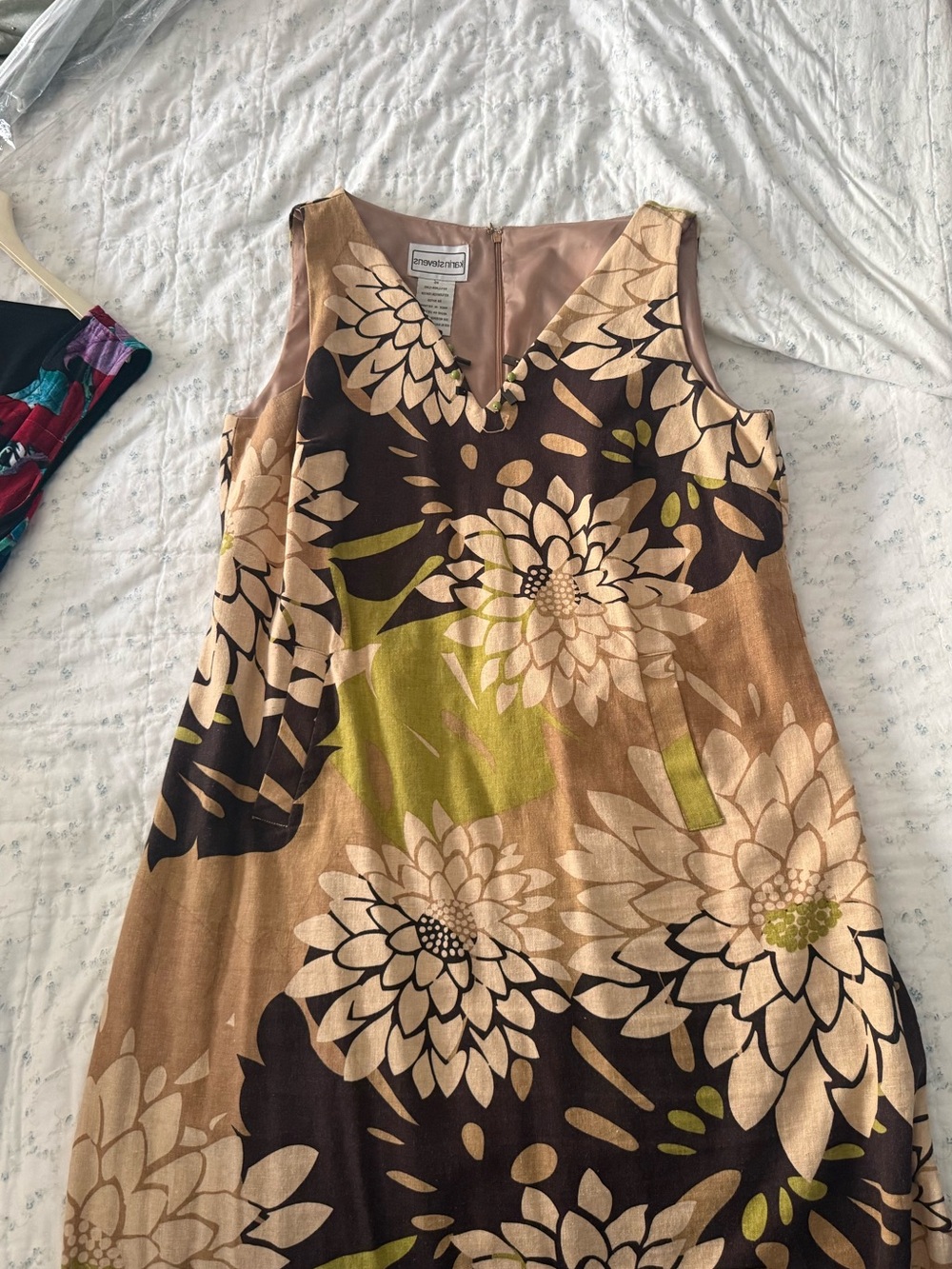 Sleeveless Floral Midi Dress in Brown, Cream & Olive
